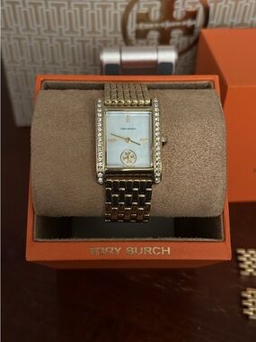 Tory Burch Gold-Tone Crystal Rectangular Watch with Mother-of-Pearl Dial